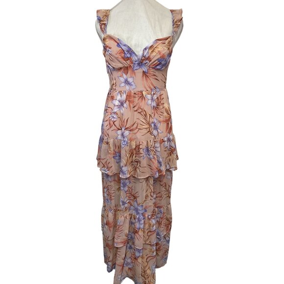 Privy Floral Print Tiered Romantic Dress Peach & Lavender Size M - Picture 1 of 7
